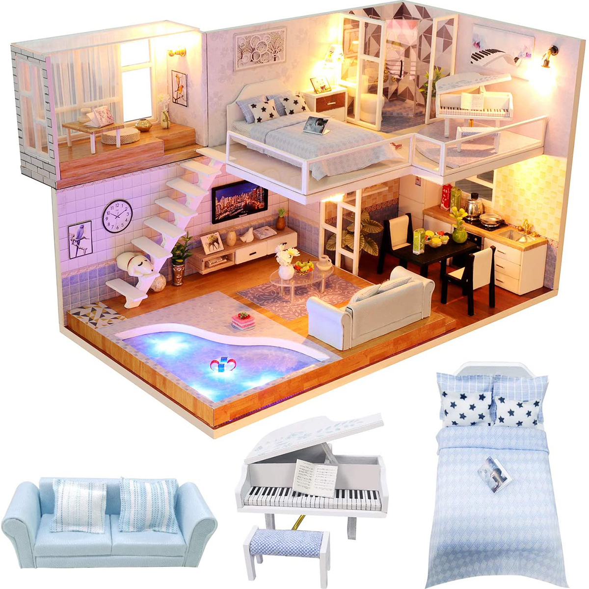 Details about  / DIY LED Loft Apartment Mini Dollhouse Wooden Furniture Kit Doll Home House Model