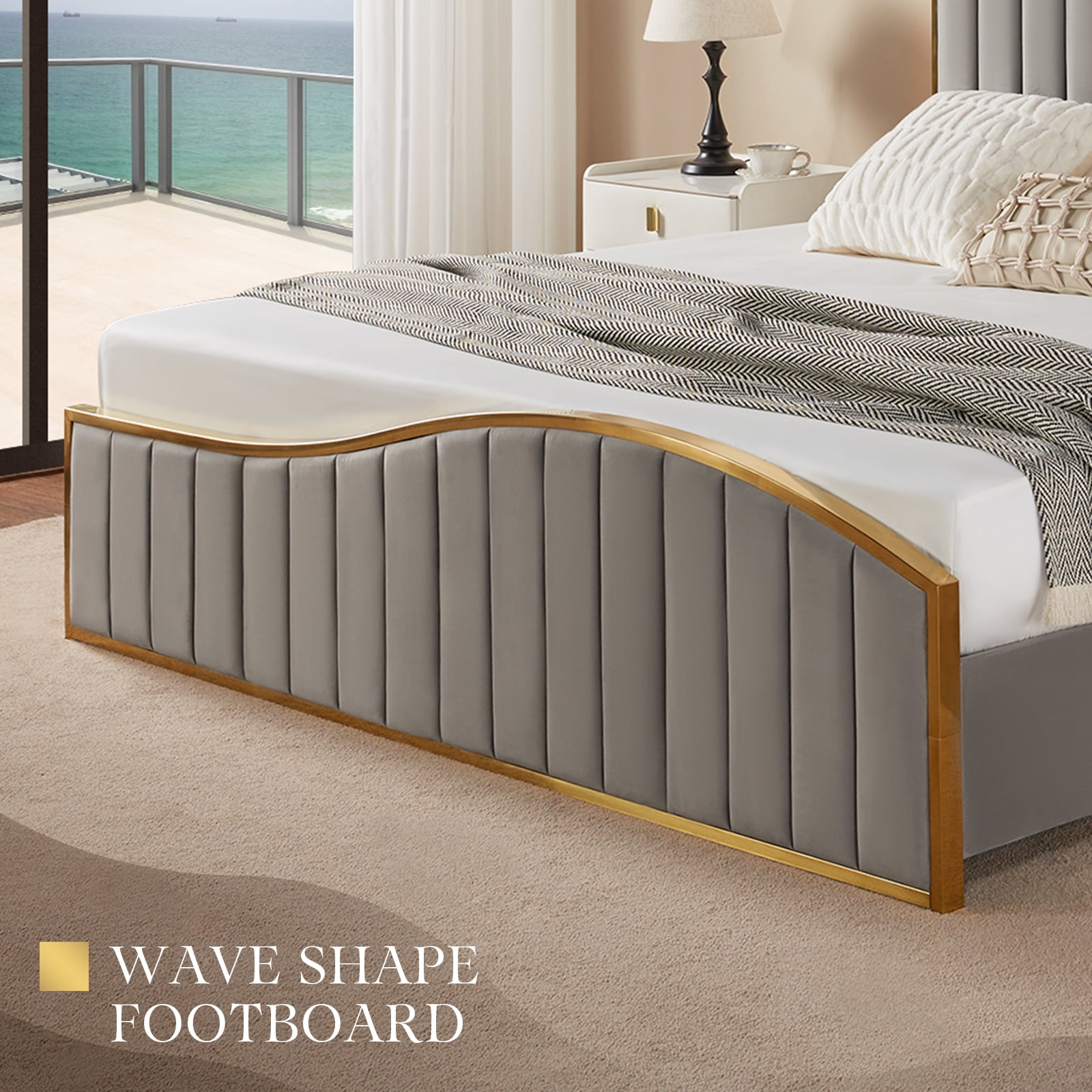 VanAcc Queen Size Platform Bed Frame 61.4" Vertical Channel Gold Trim Headboard ï¼ Footboard Grey