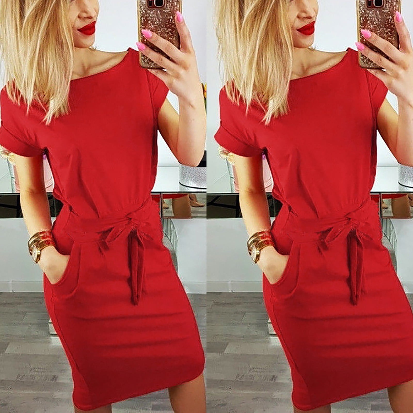 Casual Dresses for Women Womens Casual Pocket Summer Ladies Short Sleeve Evening Dresses -