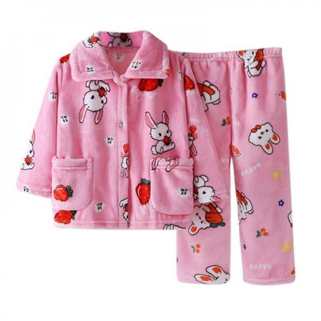 

Promotion!Kids Girls Autumn Winter Cartoon Print Flannel Pajama Sets Cute Rabit Long Sleeve Lapel Tops with Pants warm Sleeping Clothing