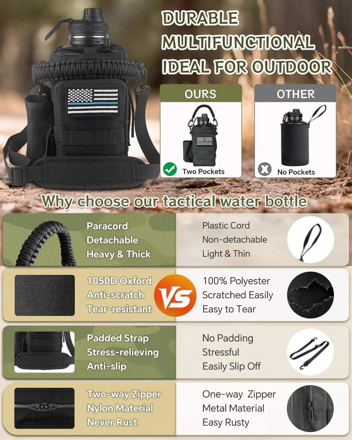 Half Gallon Water Bottle Insulated with Sleeve-64 oz Stainless Steel Water Jug with Strap Paracord Handle Metal Sport GYM Water Bottles for Men Women Hunting Hiking Travel Biking Camo CP