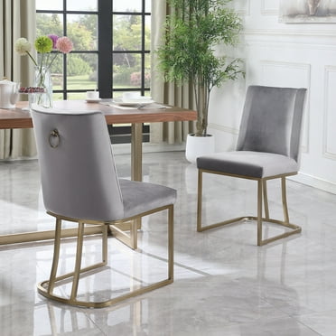 Velvet Dining Chairs, Set of 2, Gold Metal Legs, Gray Upholstered Side Chairs for Living Room, Kitchen