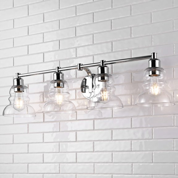 JONATHAN Y Manhattan Vintage 35.5" 4-Light Metal/Glass Industrial Rustic LED Vanity, Chrome