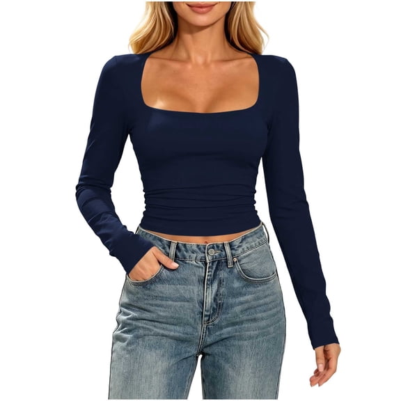 ByworldtasicNo Boundaries Womens Long Sleeve Crop Top Square Neck Workout Athletic Casual Cropped Fitted Basic Shirts