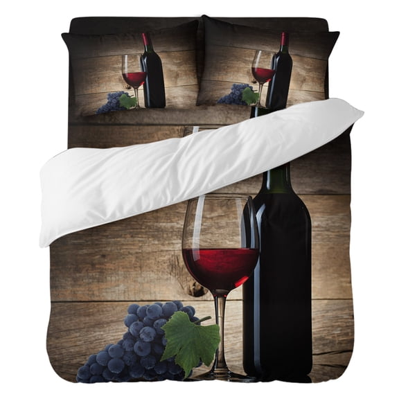 4 Pieces Duvet Cover Set Twin Size, Grape Wine Red Wines Glass Farm Fruit Comforter Cover Bedding Sets, Cellar Vintage Brown Wood Grain Bed Set Include 1 Duvet Cover,1 Bed Sheet,2 Pillow Shams