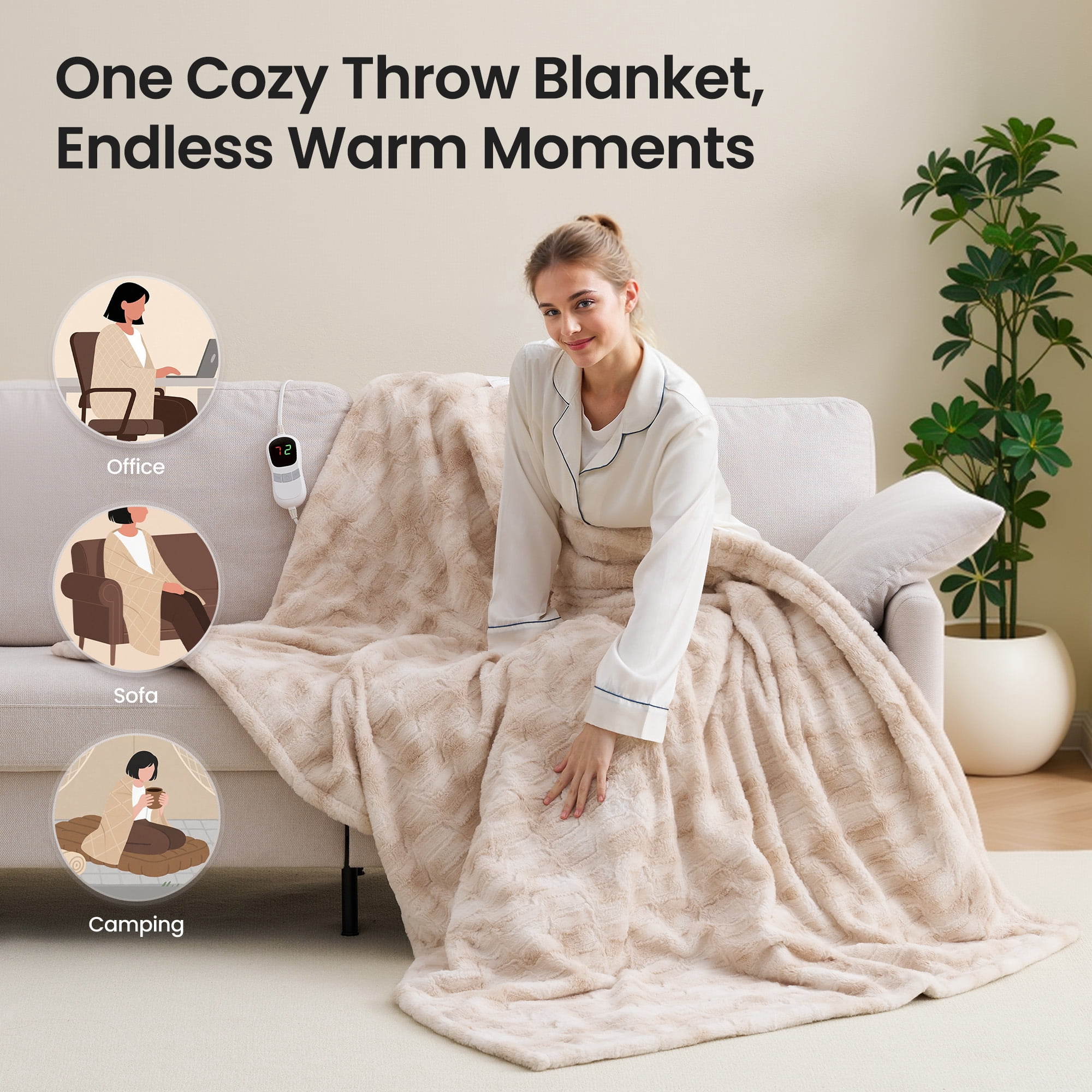 MARNUR Heated Blanket Electric Throw Extra Large Size 50"x72", Soft Faux Fur Heated Throw with 10 Heating Levels 4 Hours Timer Machine Washable, Khaki