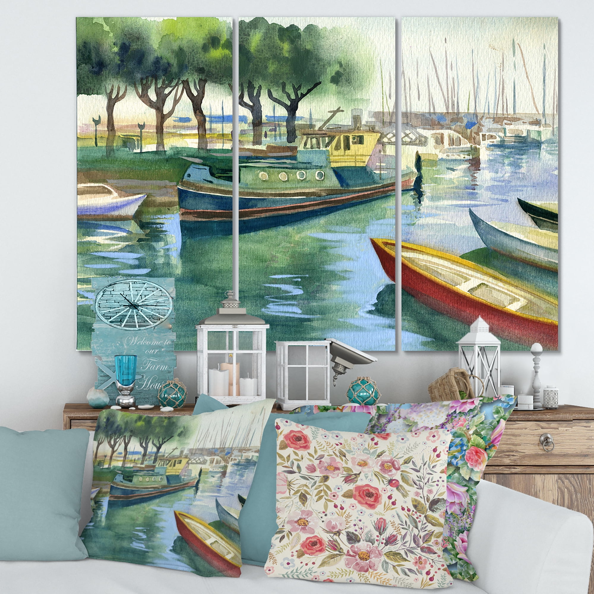 Boats At The Lake in Green Spring 28 in x 36 in Painting Canvas Art Print, by Designart