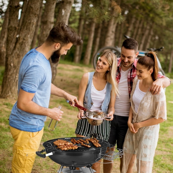 28" Portable Charcoal Grill with Wheels & Storage Rack - Porcelain-Enameled Kettle Grill with Ash Catcher & Thermometer for Camping, Parties & Picnics