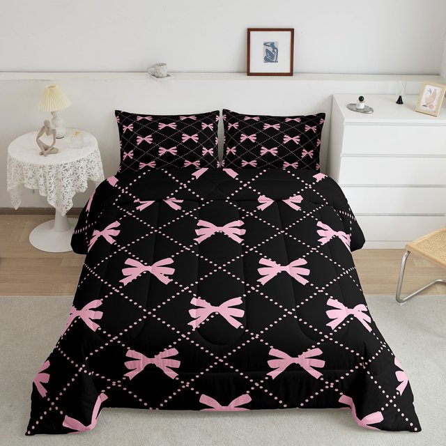 Erosebridal Princess Ribbon Bedding Queen Comforter Set, Black Pink Down Comforter, Stripe Geometry Reversible Comforters & Duvets, Breathable Room Decor, 3 Pieces