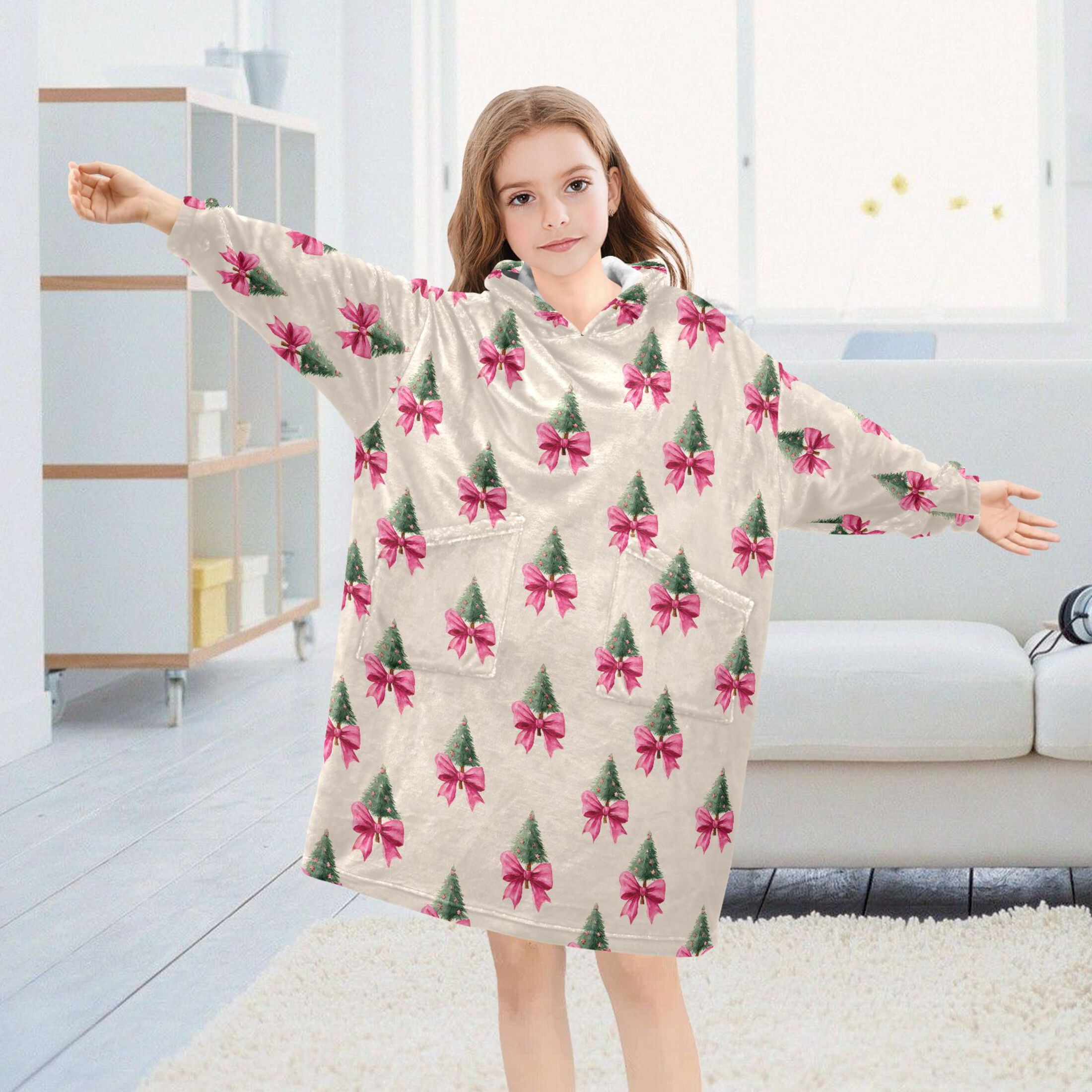 Wearable Blanket Hoodie for Kids Christmas Tree Bow Flannel Hooded Blanket with Pockets and Sleeves Suitable for Boys and Girls