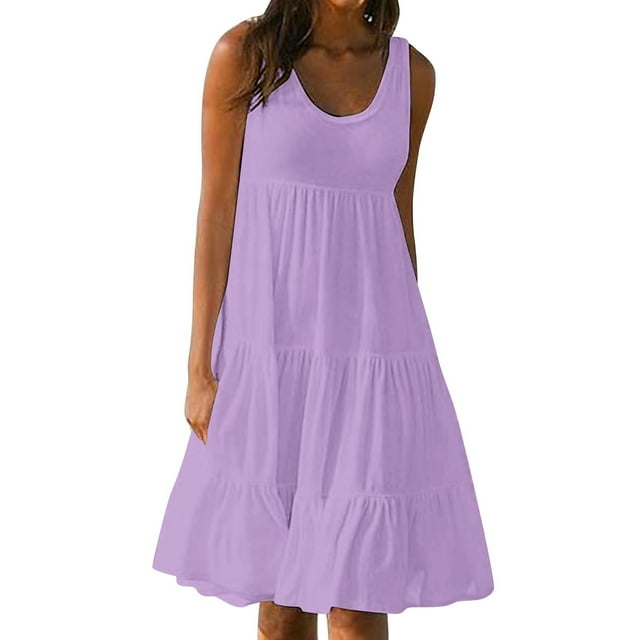 Ruimatai Robe Femme Été Mode Femme Vacances Été Couleur Unie Sans Manches Robe de Fête Plage