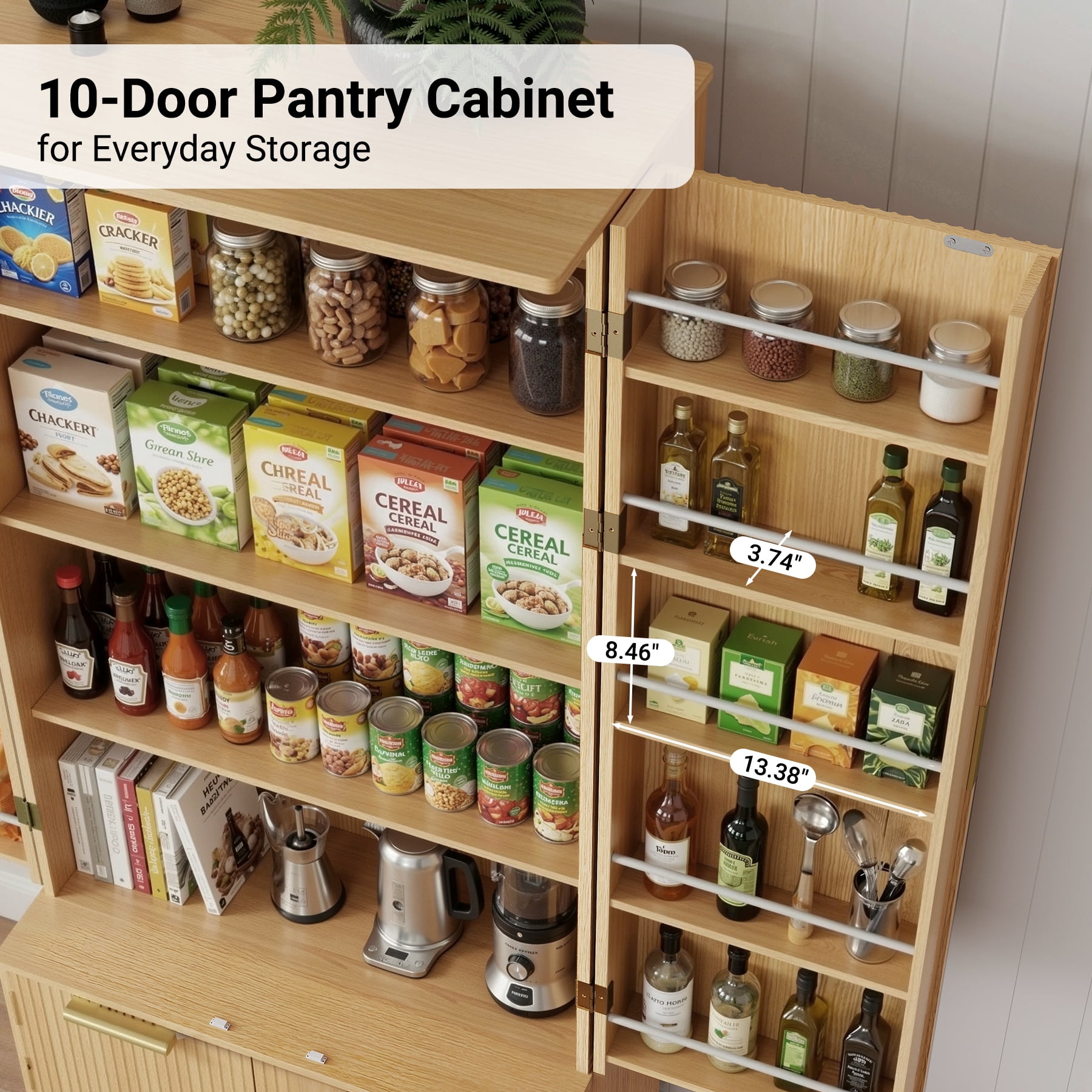 MOONMISS 72"H Kitchen Pantry Cabinet with 2 Doors and 2 Drawers, Solid & Strudy, Large Storage Cabinet with Fluted Barn Door and Adjustable Shelves for Kitchen, Entryway-Natural Wood