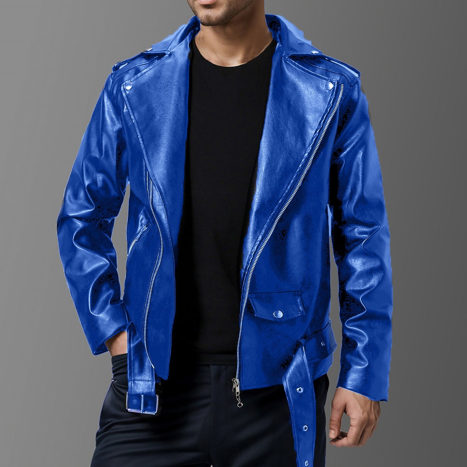Maoxin Leather Jacket Men Men's Collar Leather Jacket Casual Loose Men's Top Solid Color Long Sleeved Hooded Leather Jacket/jacket Plus Size Leather Jacket Blue 2XL