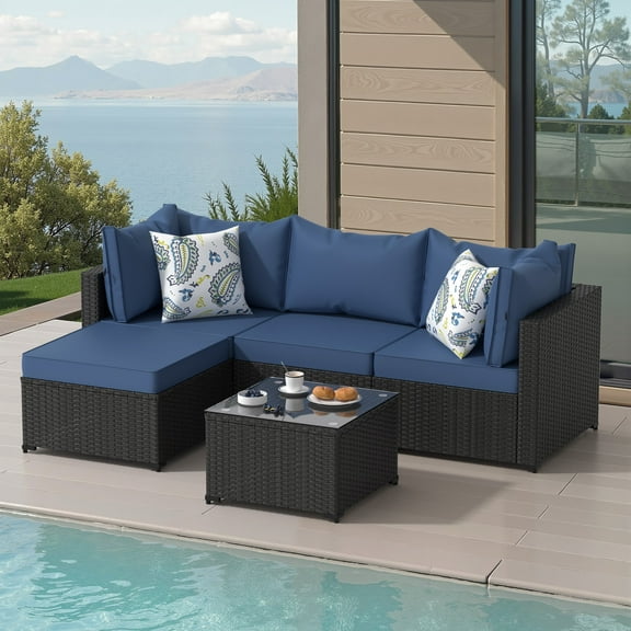 5 Pieces Outdoor Patio Furniture Set Sectional with Ottoman Wicker Rattan Patio Couch,Blue
