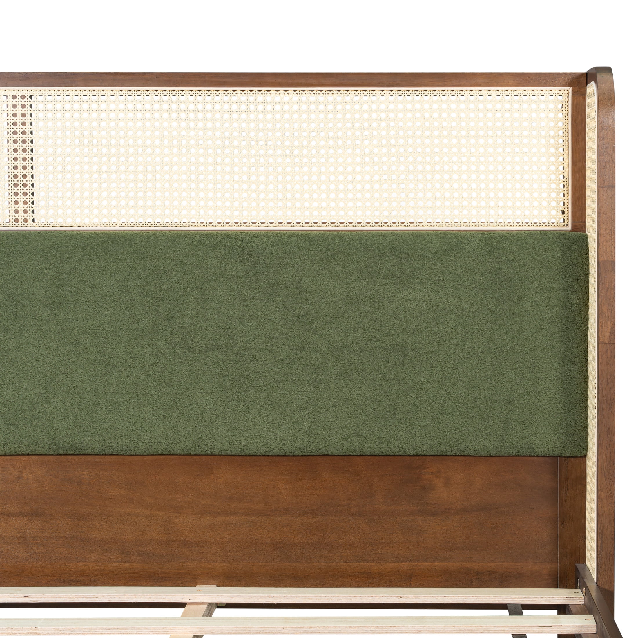 Christopher Knight Home King Size Bed Frame with Rattan Headboard, Contemporary Style, Green+Walnut