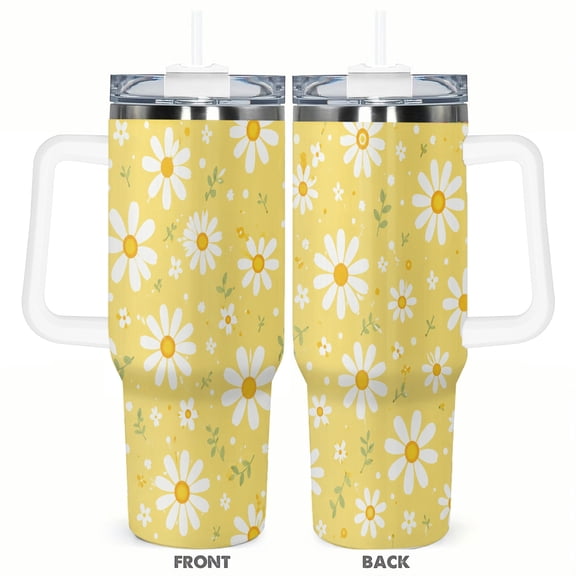 40oz Yellow Daisy Travel Tumbler with Handle and Straw Lid Sunshine Floral Insulated Car Coffee Cup Gift for Women