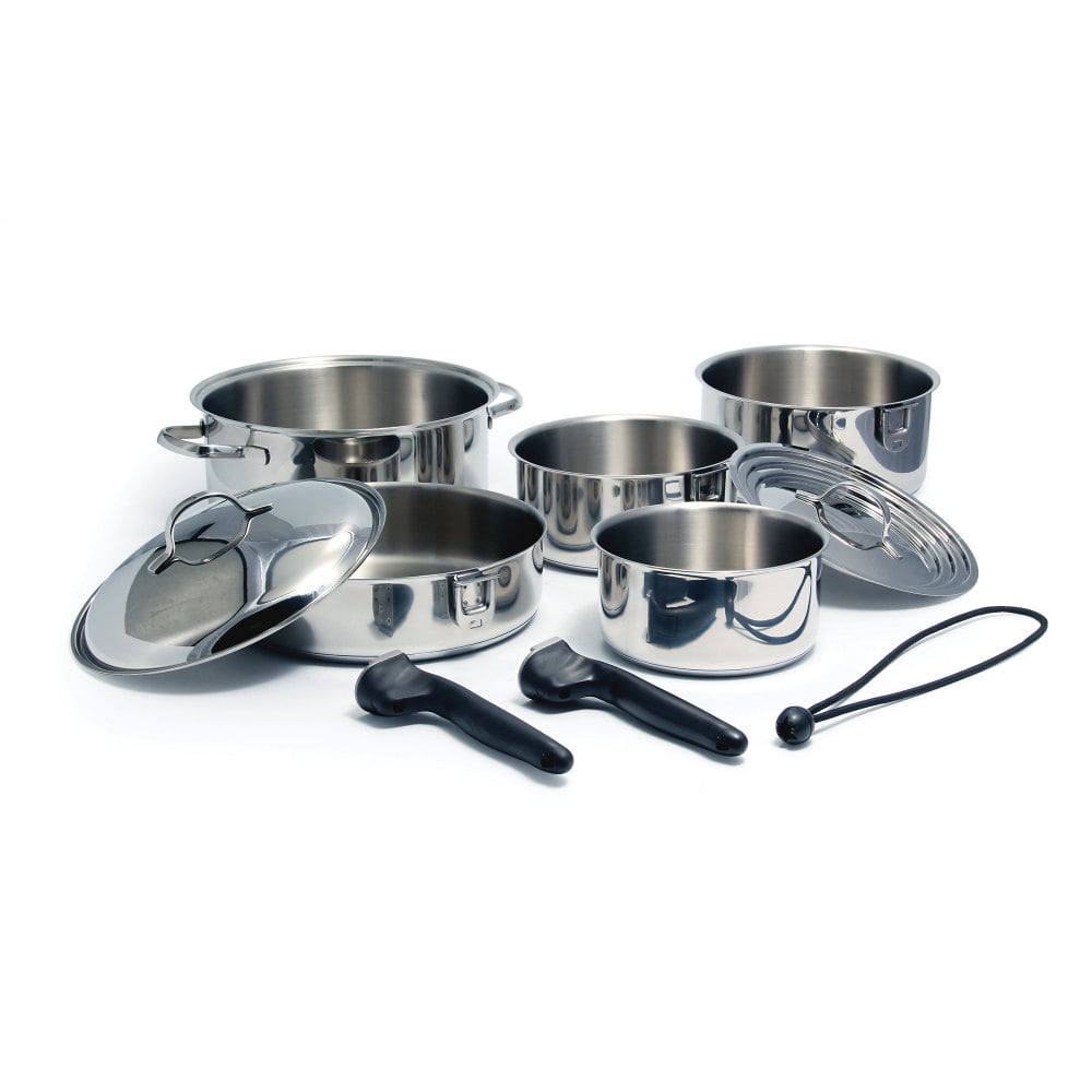 Space Efficient Excellent for RVs and Compact Kitchen Abizoe Pack of 14 Stainless Steel Nesting Hob Non-Stick Pans and Pots with Removable Handles Blue 