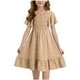 thumbnail image 2 of BRGZLK Girls Summer Dress Cute Solid Short Sleeve Round Neck Casual Flowy Smocked A-Line Dress Khaki 13-14 Years, 2 of 7