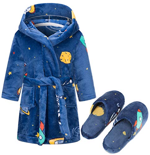 Kids Soft Plush Hooded Bathrobe Matching Slippers,Spa Robe Hooded Flannel Pajamas Sleepwear for Boys Girls 