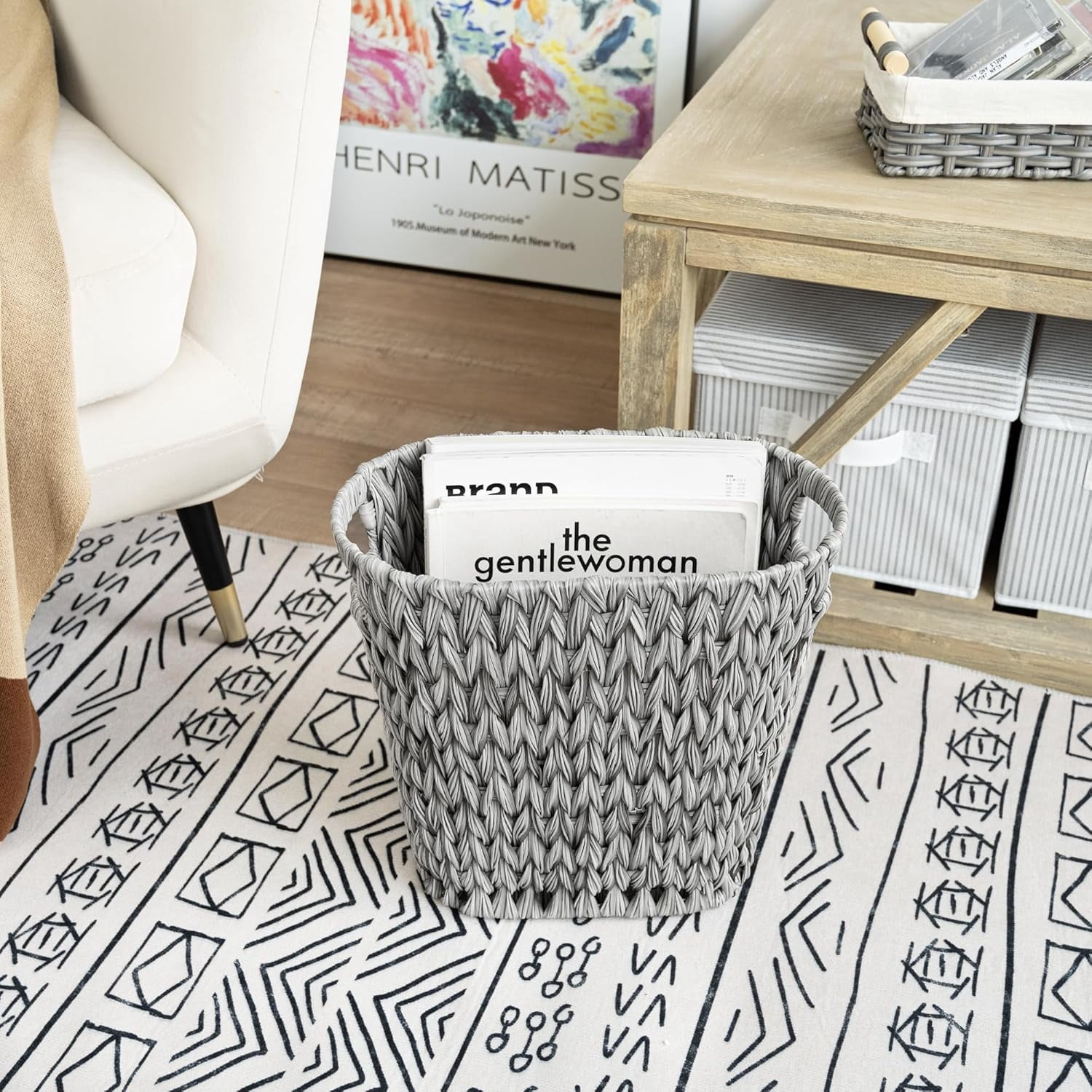 GRANNY SAYS Wicker Trash Can, Waterproof Bathroom Waste Basket, Handwoven Decorative Garbage Can, 19 Liters,/5 Gallons, Gray