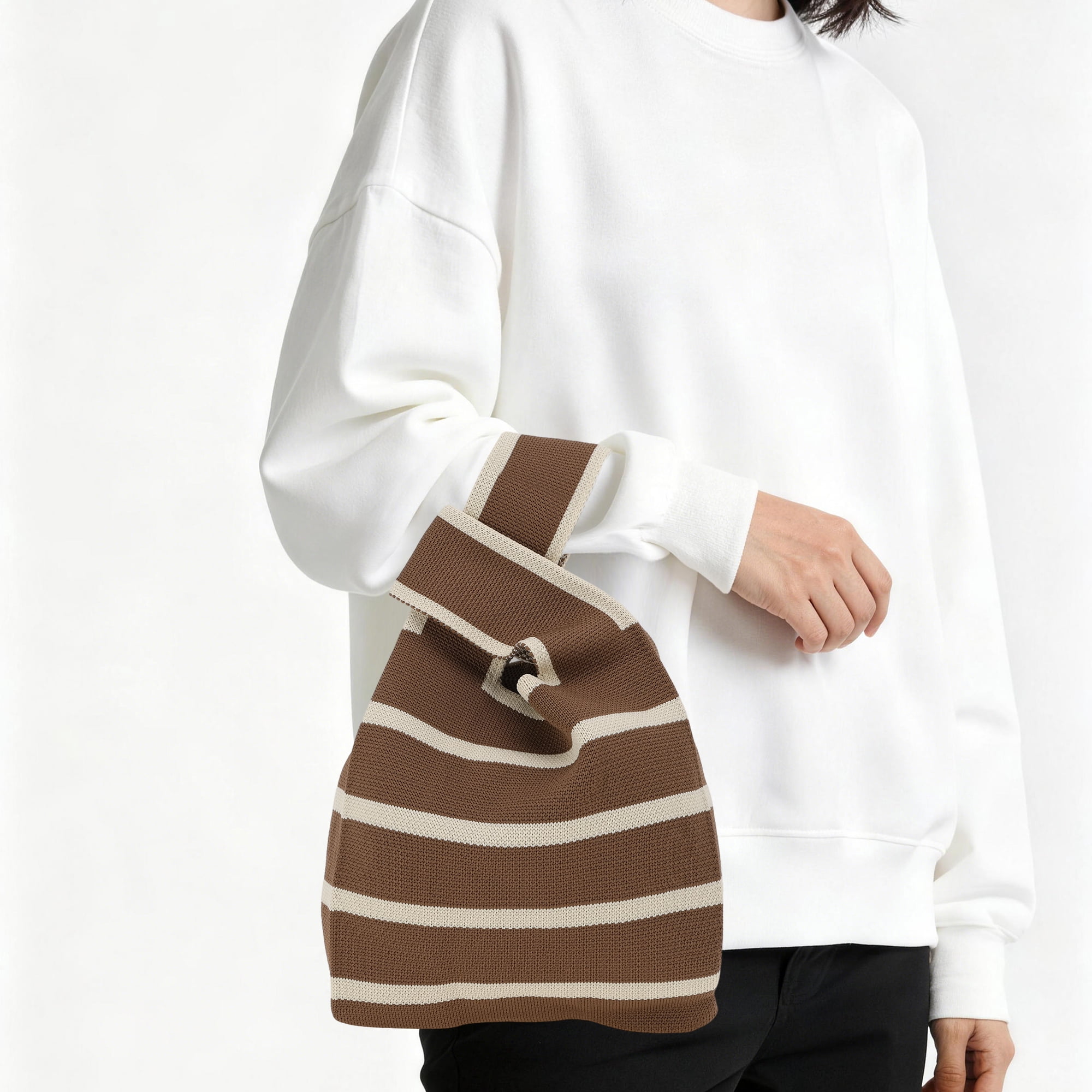 Unique Bargains Stylish Horizontal Stripes Knitted Wrist Bag for Everyday Use Coffee Color