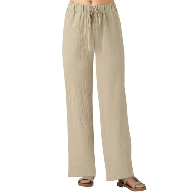 WEIYLL Summer Pants for Women Pocket Wide Leg Loose Solid Color Bandage Drawstring Khaki Pant size XXL