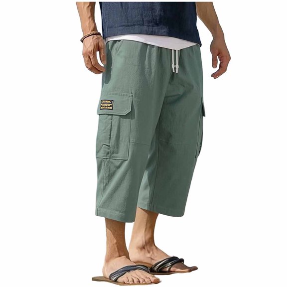 JTSRKL Mens Tapered Cargo Capri Pants Drawstring Elastic Waist Multi Pocket Capris Breathable Stretchy Lightweight Summer Casual Comfort Bottoms