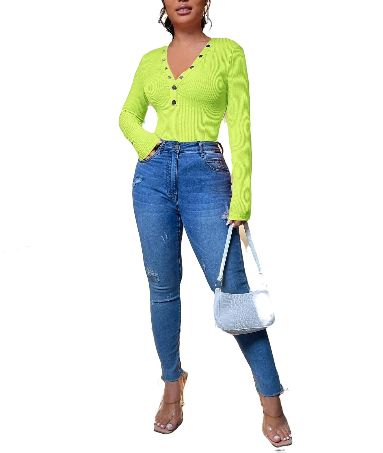 Women's Regular Stretch Plain Elegant Plain Deep V Neck Lime Green T-Shirts, Size: Small (4)