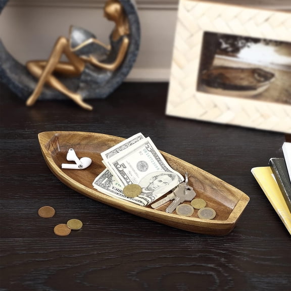 HEMOTON Rustic Boat Shaped Wooden Tray for Storage Brown Natural Wood Farmhouse Decor 12.5 x 8.3 Inches