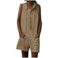 thumbnail image 1 of AherBiu Cotton Linen Jumpsuits for Women Half Button Lapel V Neck Wide Leg Rompers with Pockets 1 Piece Outfits, 1 of 7