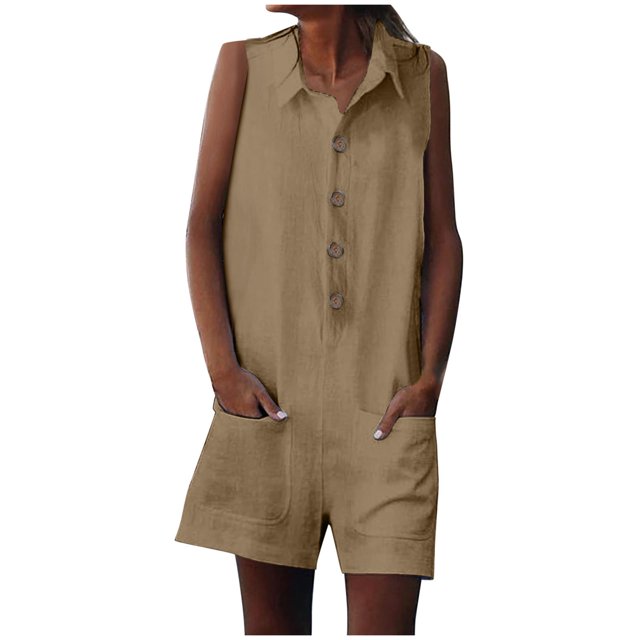 AherBiu Cotton Linen Jumpsuits for Women Half Button Lapel V Neck Wide Leg Rompers with Pockets 1 Piece Outfits