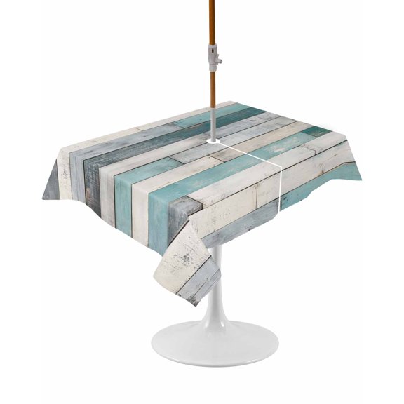 Outdoor Table Cloth with Umbrella Hole and Zipper, Turquoise Grey Wooden Waterproof Rectangle Tablecloth 60"x102", Farmhouse Teal Wood Washable Table Cover for Outside Party Patio Picnic