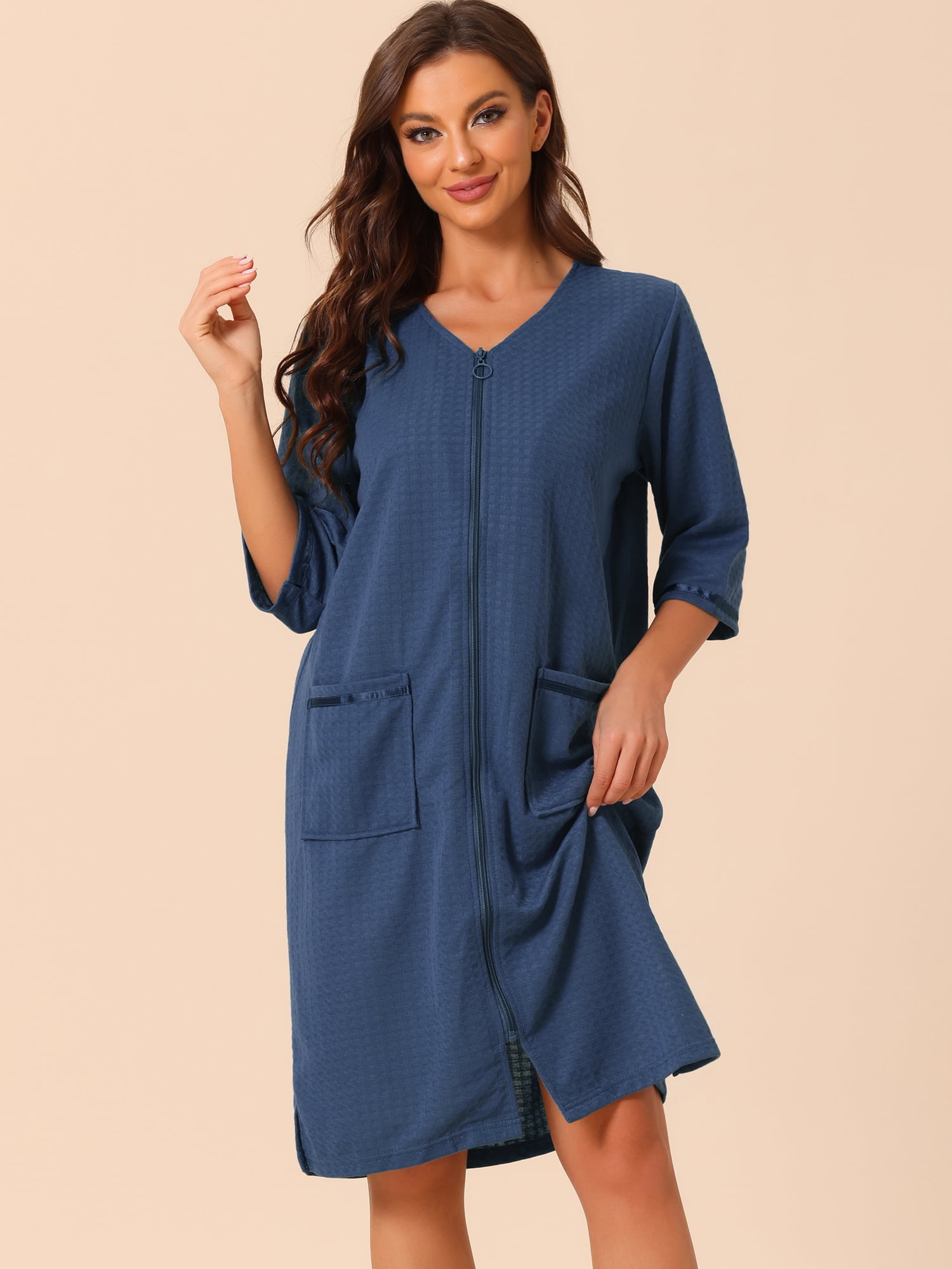 DARING DIVA Women's Waffle 3/4 Sleeves Bathrobe Loungewear Zipper Up Robes M Blue
