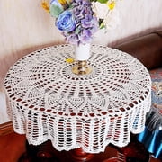 Round Small Lace Table Cloth - Vintage Manual Crochet Flowers Tablecloth for Round Coffee Table White