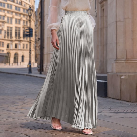 Women's High Waisted Pleated Maxi Skirt Satin A-Line Flowy Long Skirt Elastic Waist Elegant Swing Skirts For Wedding Guest Party Cocktail Evening Occasion