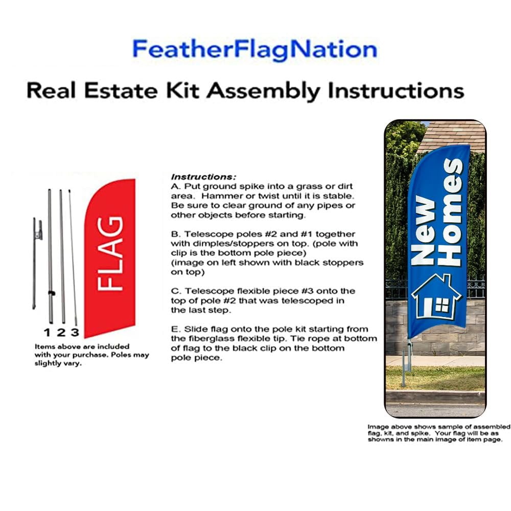 New Homes 6ft Swooper Feather Flag for Real Estate outdoor Business Advertising windless Banner with Complete Pole Kit of 8ft and Ground Stake