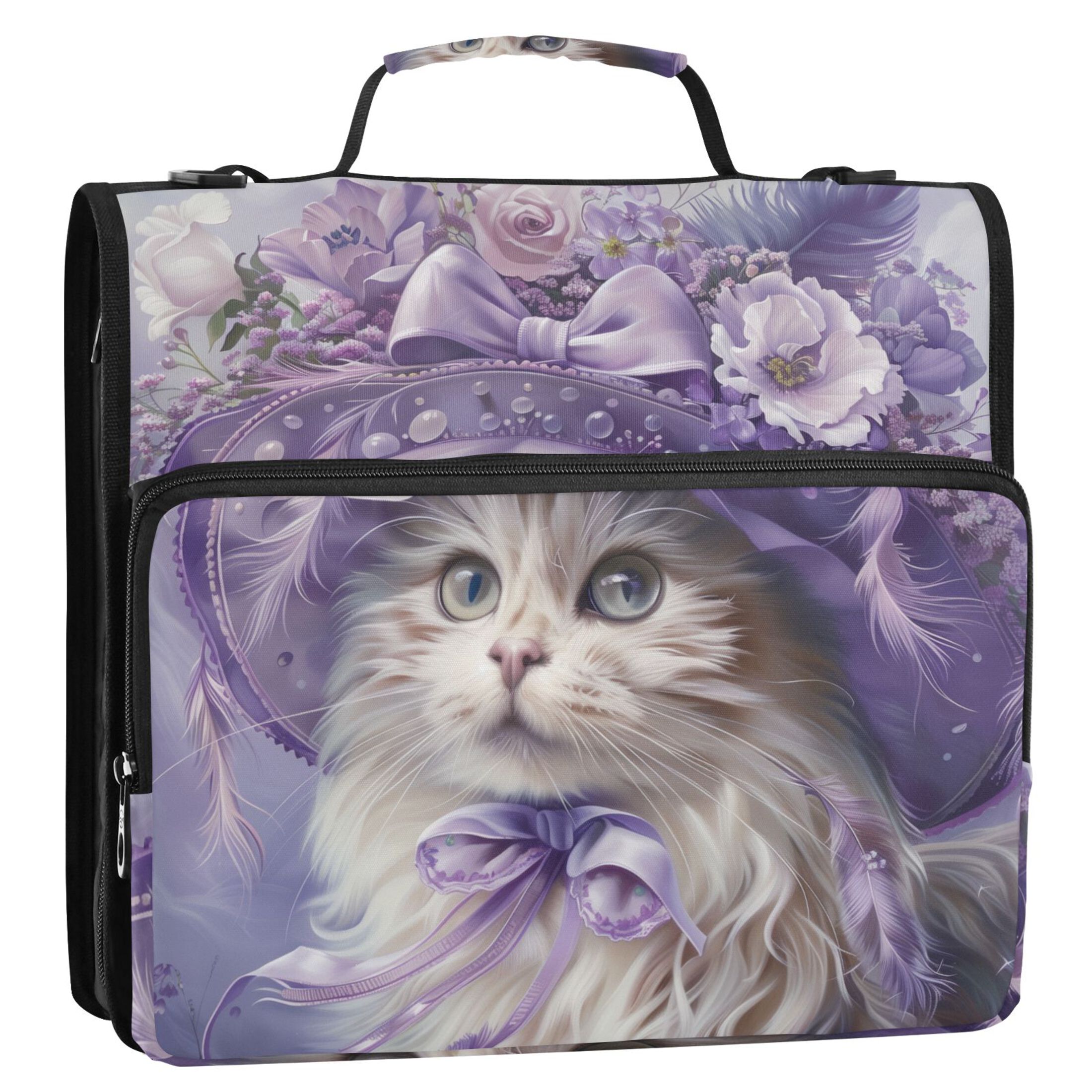 3 Ring Zipper Binder with Shoulder Strap Waterproof Trapper Keeper 2 Inch D-Ring 500 Sheets Capacity Elegant Cat with Lilac Flowers Hat