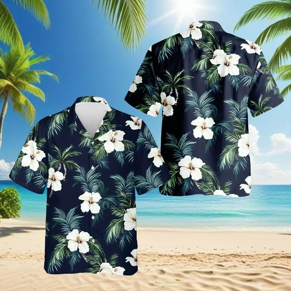 Hibiscus Island Hawaiian Shirt for Men, Tropical Style, Button Down Summer Beach Short Sleeve, S-5XL