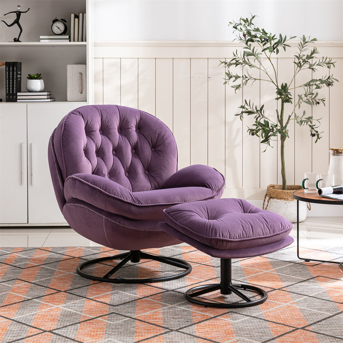 Velvet Swivel Accent Chair with Ottoman Modern Chaise Lounge