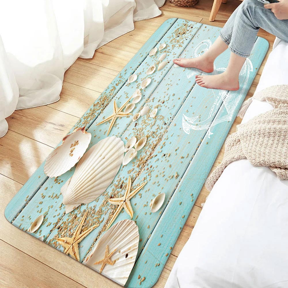 Starfish Bathroom Rugs, Ocean Beach Non-Slip Bath Rugs Seaside Costal Scenery Landscape Bathroom Rugs Set Nautical Sea Scenic Sand Blue Sky Summer Bathroom Rug Mat 17X48inch, Absorbent Bath Rugs