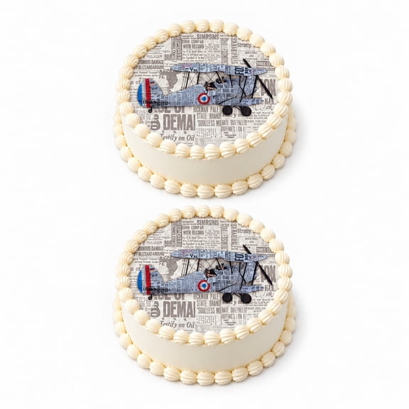 Cake Topper Add Background Blue Vintage Airplane on Newspaper Background themed Edible Icing Image ...