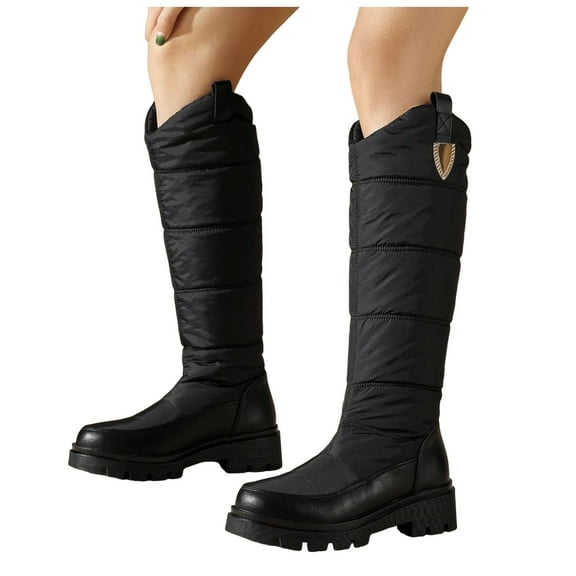 Rokment Women's Platform Knee High Winter Boots Fashion Casual Puffers Plush Lined Chunky Mid Heel Wide Calf Snow Dress Boots for Women Cold Weather Black Size 6.5