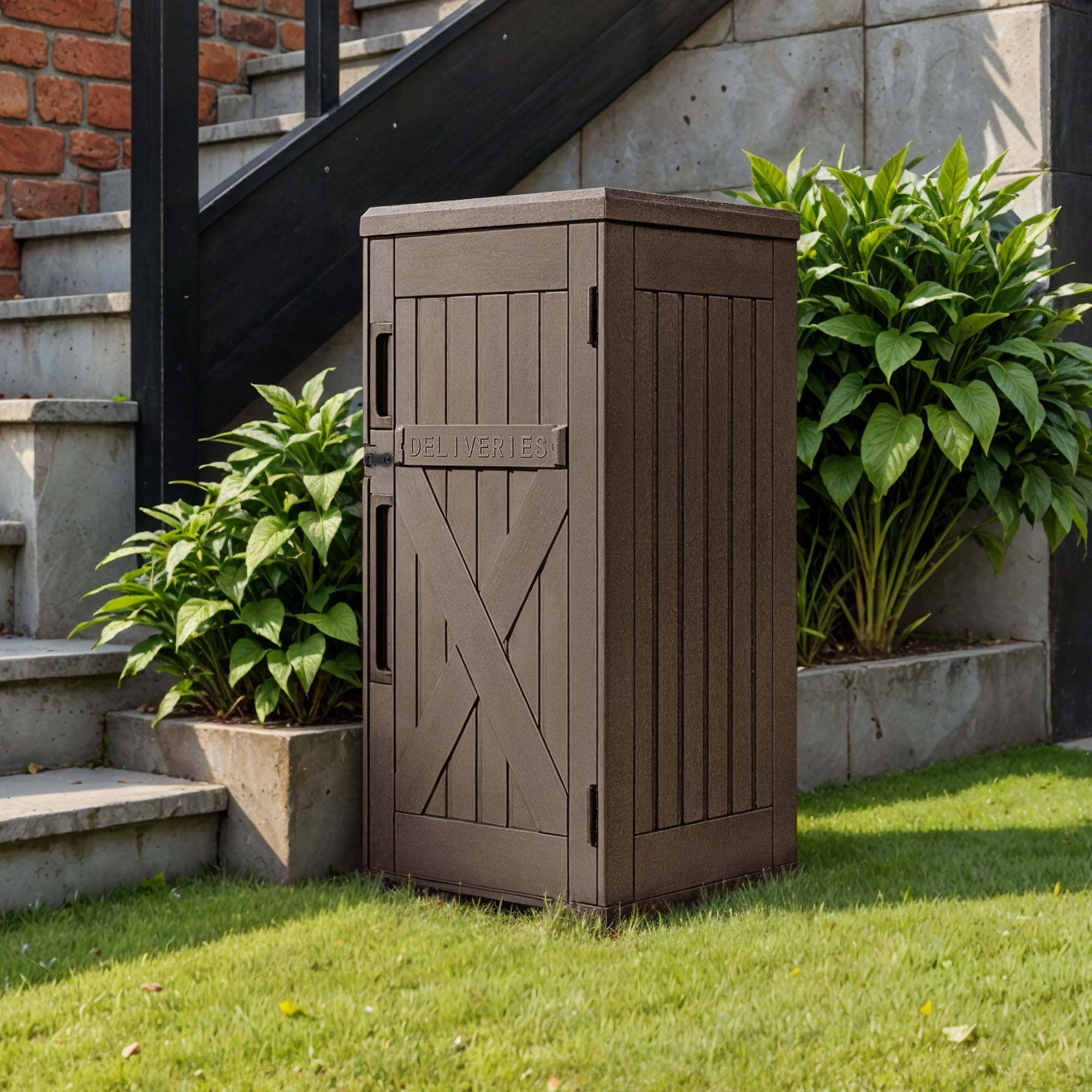 Uforic 60 Gallon Lockable Package Delivery Box, Double Wall Waterproof Resin Outdoor Parcel Storage Box for Porch Curbside Yard, Brown