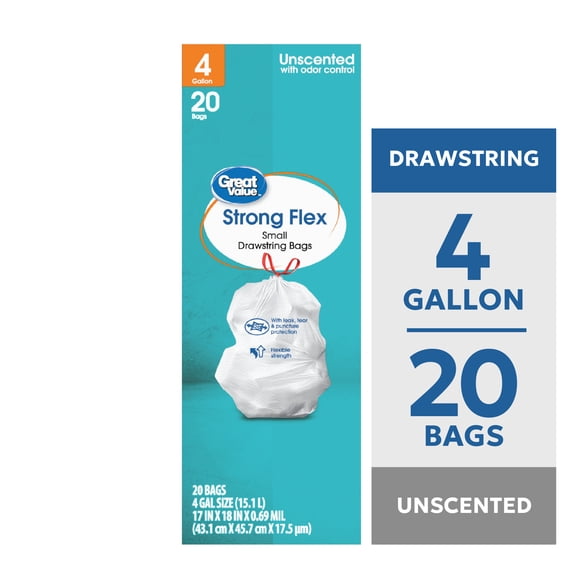 Great Value 4 Gallon Strong Flex Small Drawstring Bags, 20 Bags