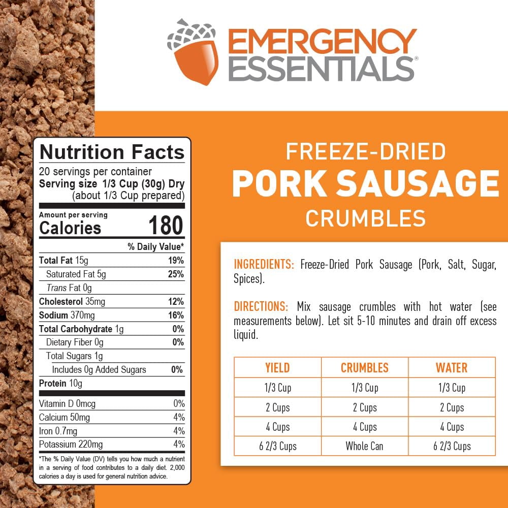 Emergency Essentials Fully Cooked Freeze Dried Pork Sausage Crumbles | 20 Servings | Shelf Stable Protein | 30 Year Shelf Life* | Ready To Use Premium Pork Topping for Breakfast and Every Day Meals