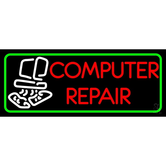 Computer Repair Border LED Neon Sign 13 x 32 - inches, Clear Edge Cut Acrylic Backing, with Dimmer - Bright and Premium built indoor LED Neon Sign for Computer & Electronics store decor.