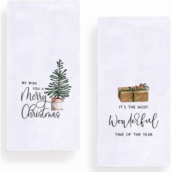 Merry Christmas Wonderful Time of The Year Kitchen Dish Towels, 18 x 26 Inch Winter Xmas Farmhouse Holiday Tea Towels for Cooking Baking Set of 2