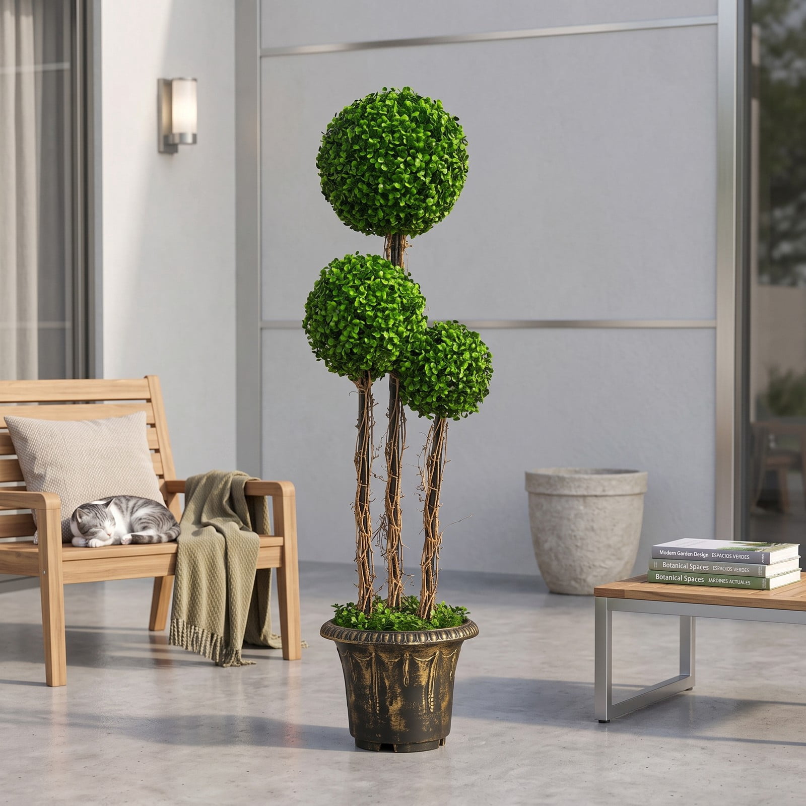 ALPULON 4 Feet Artificial Topiary Triple Ball Tree, UV Resistant Faux Boxwood Plant with Cement-Filled Pot for Indoor Outdoor Front Porch Patio Home Office Decor, Green