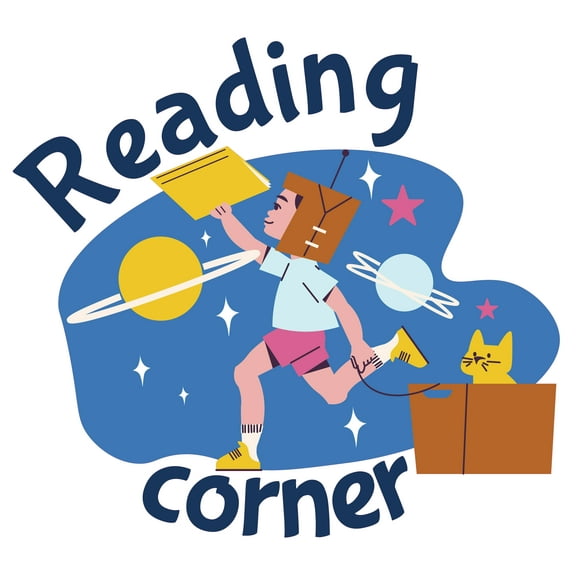 Easy To Apply Multicolored 18" x 20" Reading Corner Lettering Art Decor Boy Holding Book Cat Animal Design Outer Space Background Vinyl Home Kids Bedroom Wall Decal Sticker