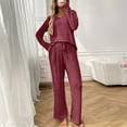 thumbnail image 4 of SMihono Women's 2 Piece Lounge Sets Outfits Knit Long Sleeve V Neck Top Drawstring Wide Leg Pants Matching Sets Loungewear Wine L, 4 of 6